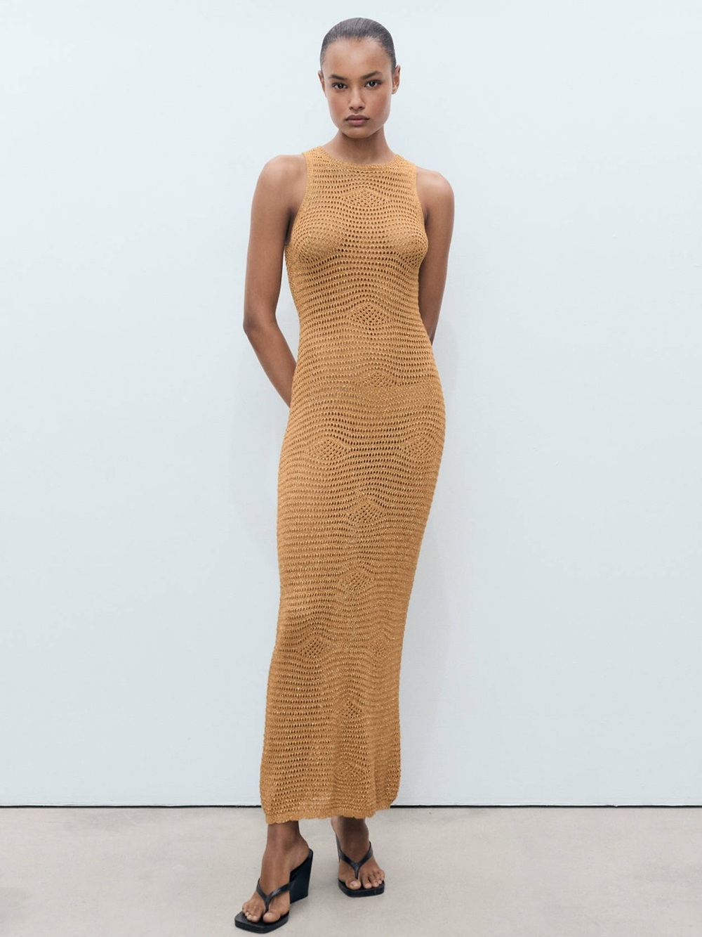 MANGO Gold crochet maxi dress - XS